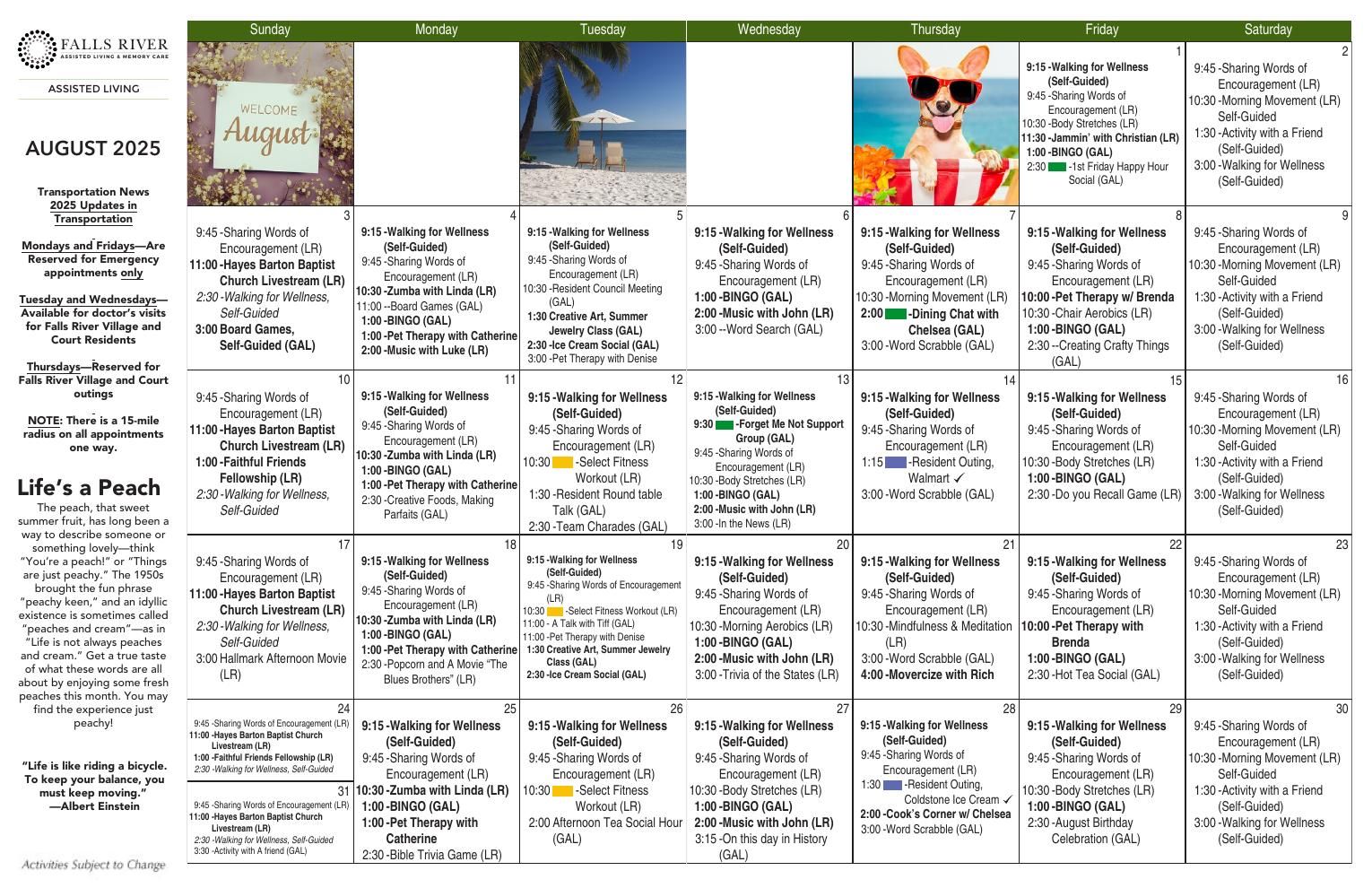 Assisted Living Event Calendar