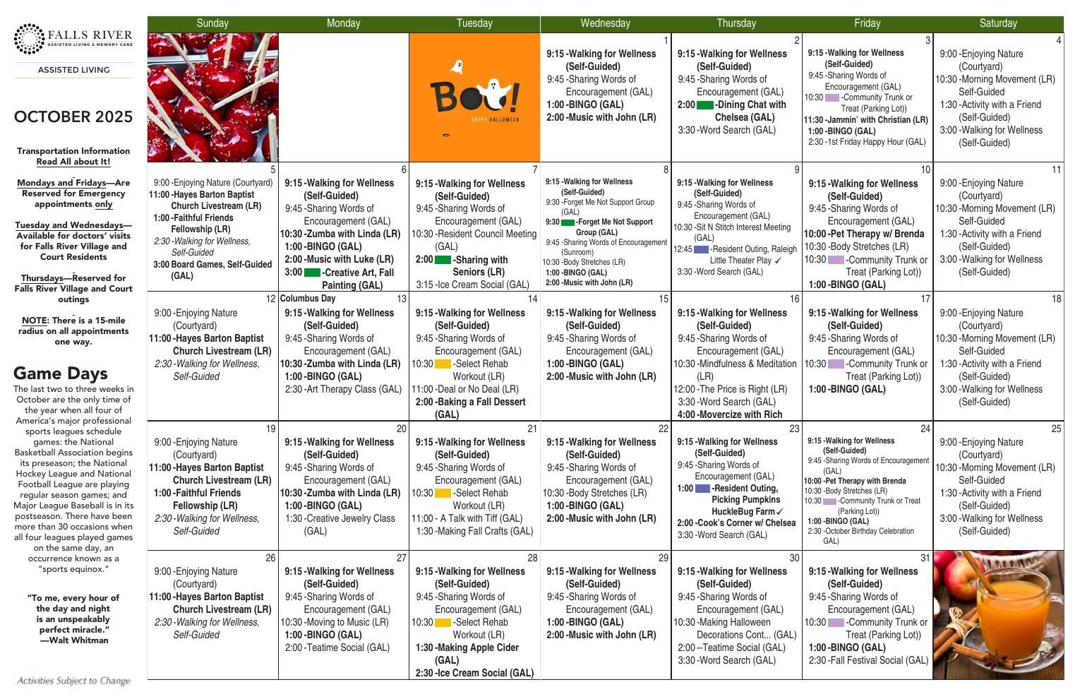 Assisted Living Event Calendar