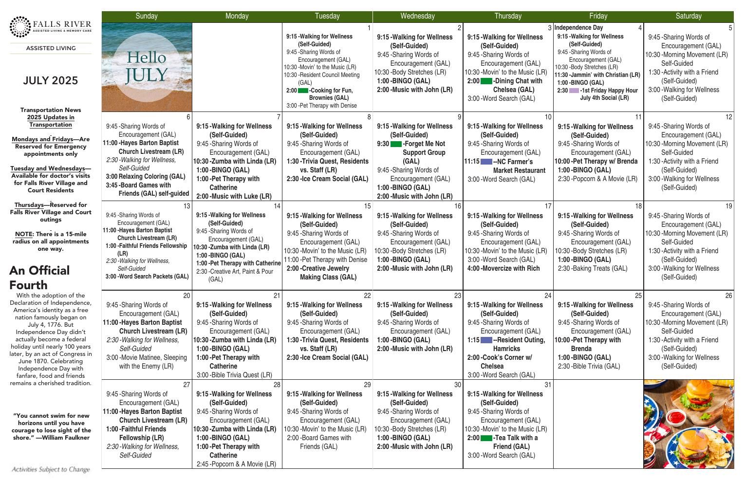 Assisted Living Event Calendar