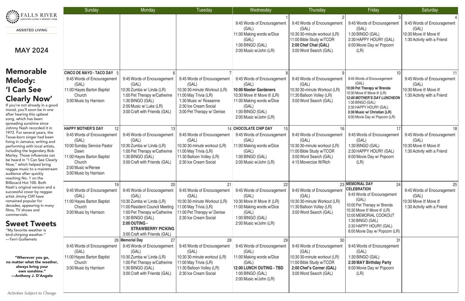 Assisted Living Event Calendar